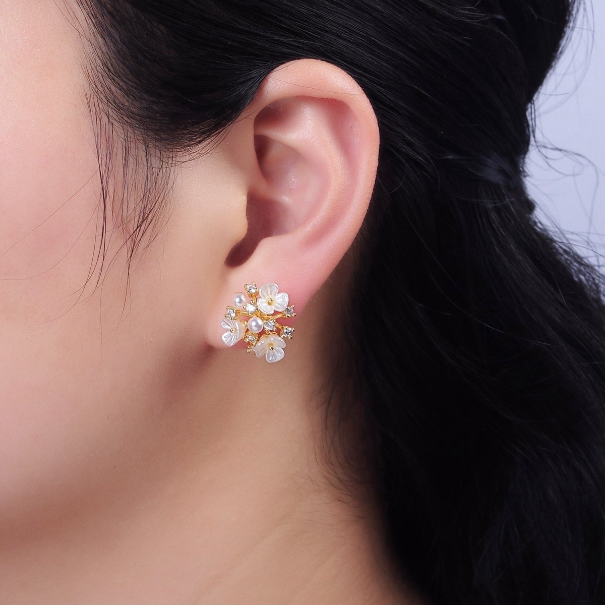 16K Gold Filled Pearl White Acrylic Flower Multiple Band Branch Clear CZ Stud Earrings in Gold & Silver | AE846 AE847