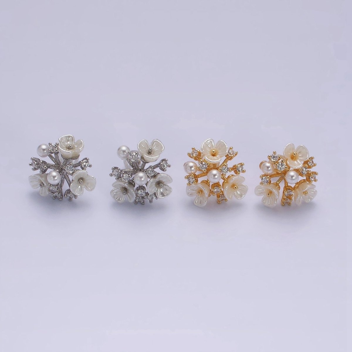 16K Gold Filled Pearl White Acrylic Flower Multiple Band Branch Clear CZ Stud Earrings in Gold & Silver | AE846 AE847
