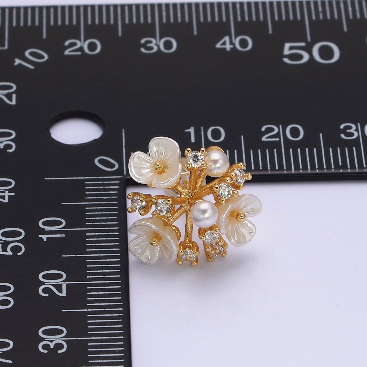 16K Gold Filled Pearl White Acrylic Flower Multiple Band Branch Clear CZ Stud Earrings in Gold & Silver | AE846 AE847