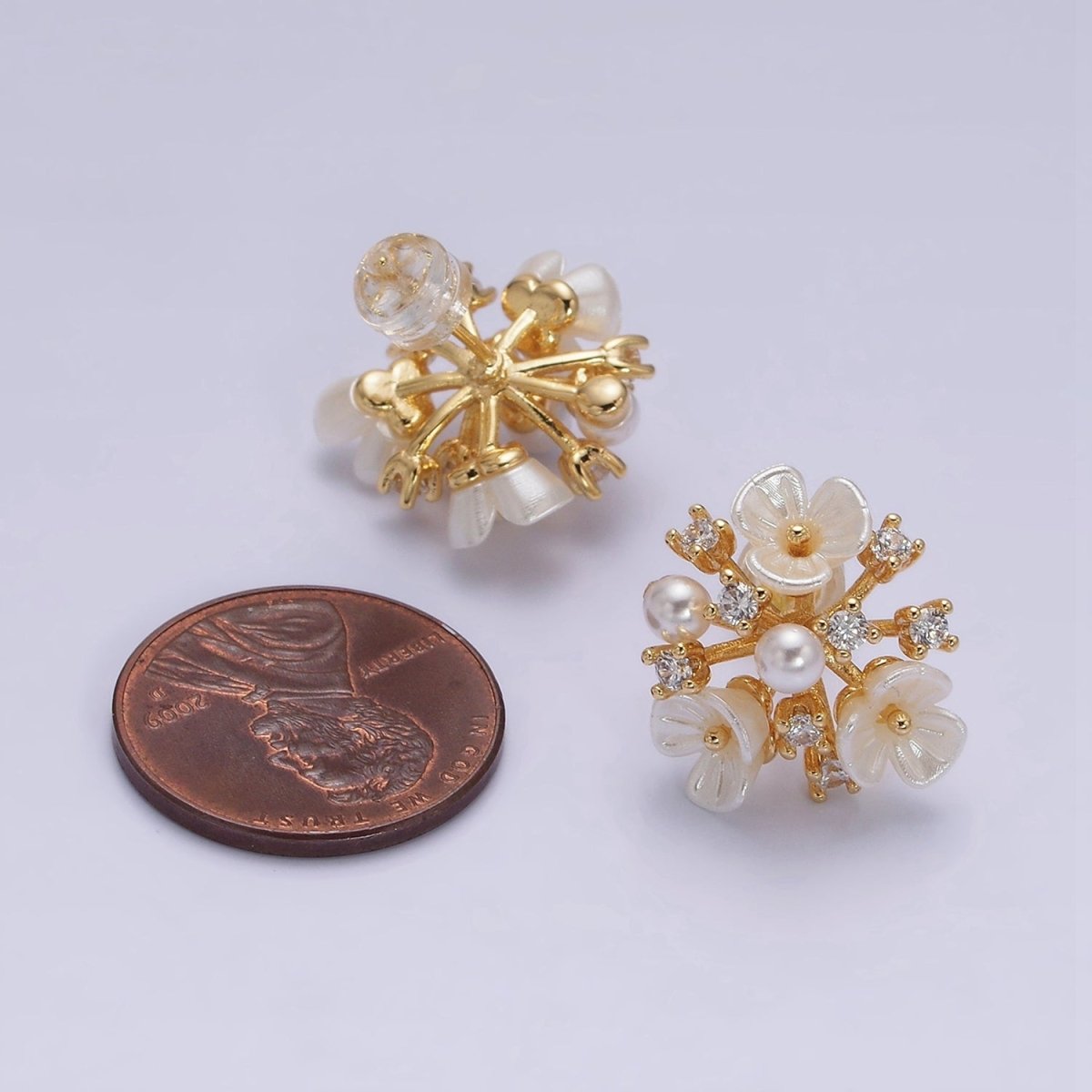 16K Gold Filled Pearl White Acrylic Flower Multiple Band Branch Clear CZ Stud Earrings in Gold & Silver | AE846 AE847