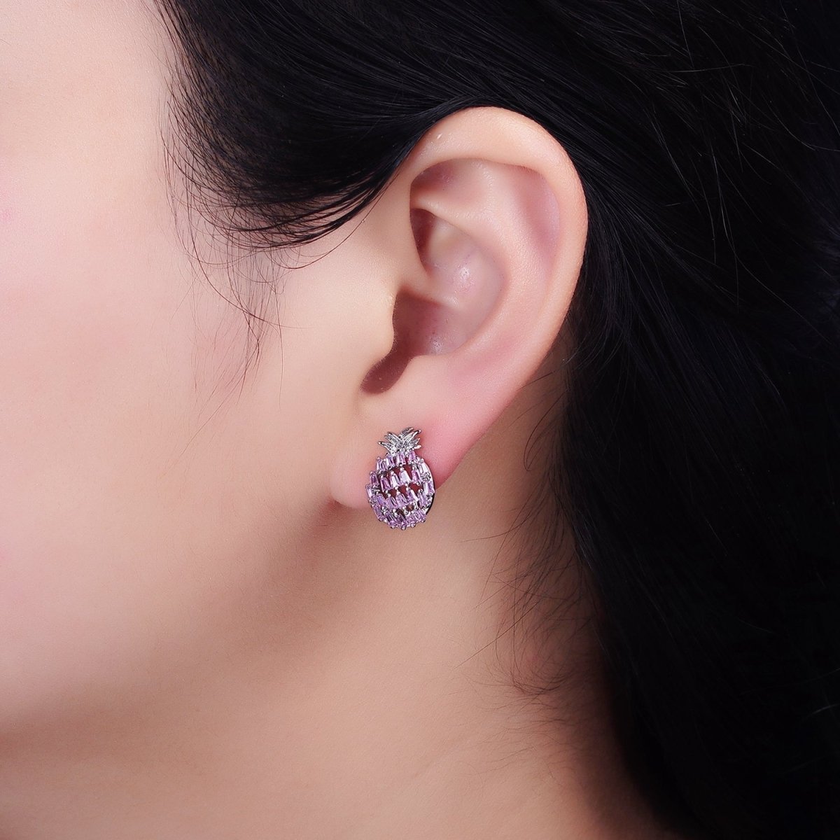 16K Gold Filled Pink Baguette CZ Pineapple Fruit Stud Earrings in Gold & Silver | AD968 AD969