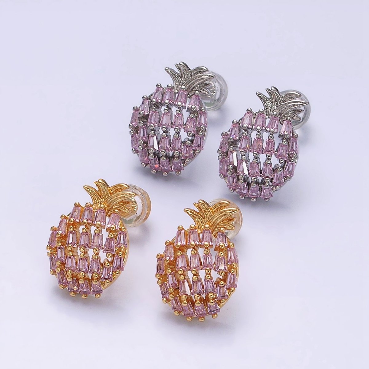 16K Gold Filled Pink Baguette CZ Pineapple Fruit Stud Earrings in Gold & Silver | AD968 AD969