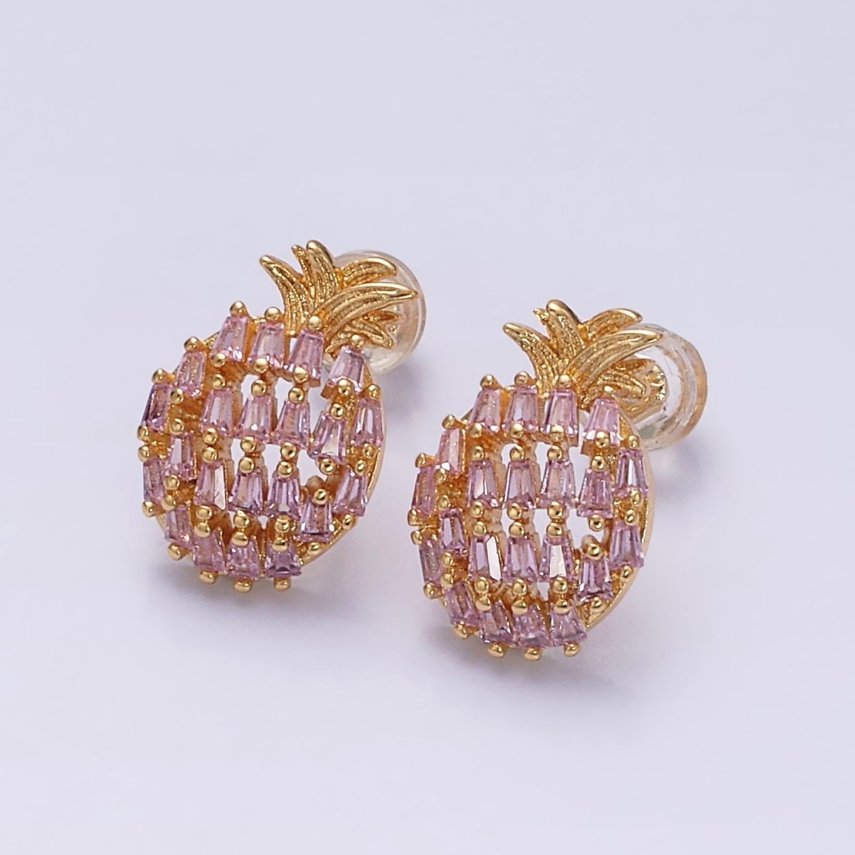 16K Gold Filled Pink Baguette CZ Pineapple Fruit Stud Earrings in Gold & Silver | AD968 AD969