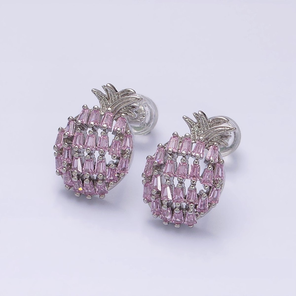 16K Gold Filled Pink Baguette CZ Pineapple Fruit Stud Earrings in Gold & Silver | AD968 AD969