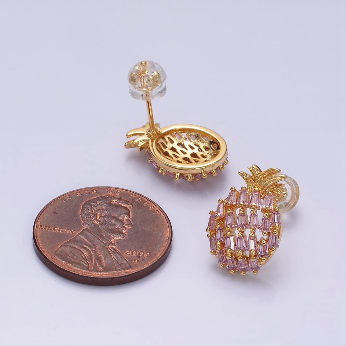 16K Gold Filled Pink Baguette CZ Pineapple Fruit Stud Earrings in Gold & Silver | AD968 AD969