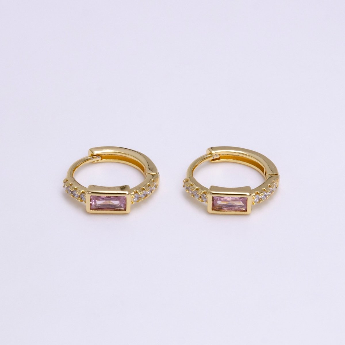 16K Gold Filled Pink Baguette Micro Paved 12.5mm Thin Cartilage Earrings in Silver & Gold | AB1545 AE772