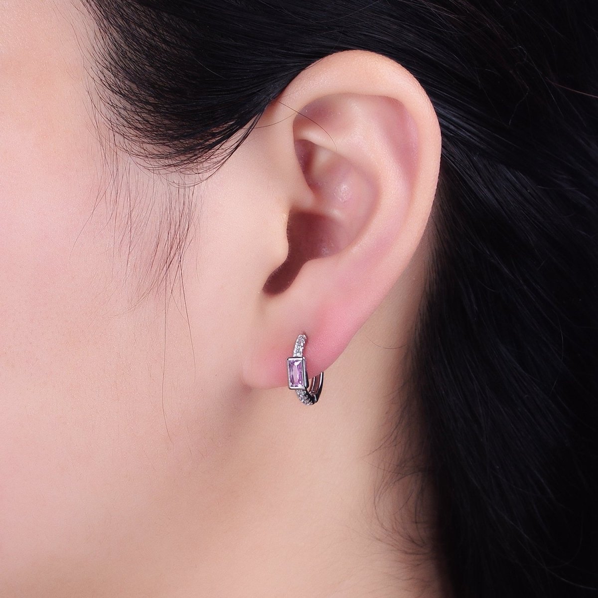 16K Gold Filled Pink Baguette Micro Paved 12.5mm Thin Cartilage Earrings in Silver & Gold | AB1545 AE772