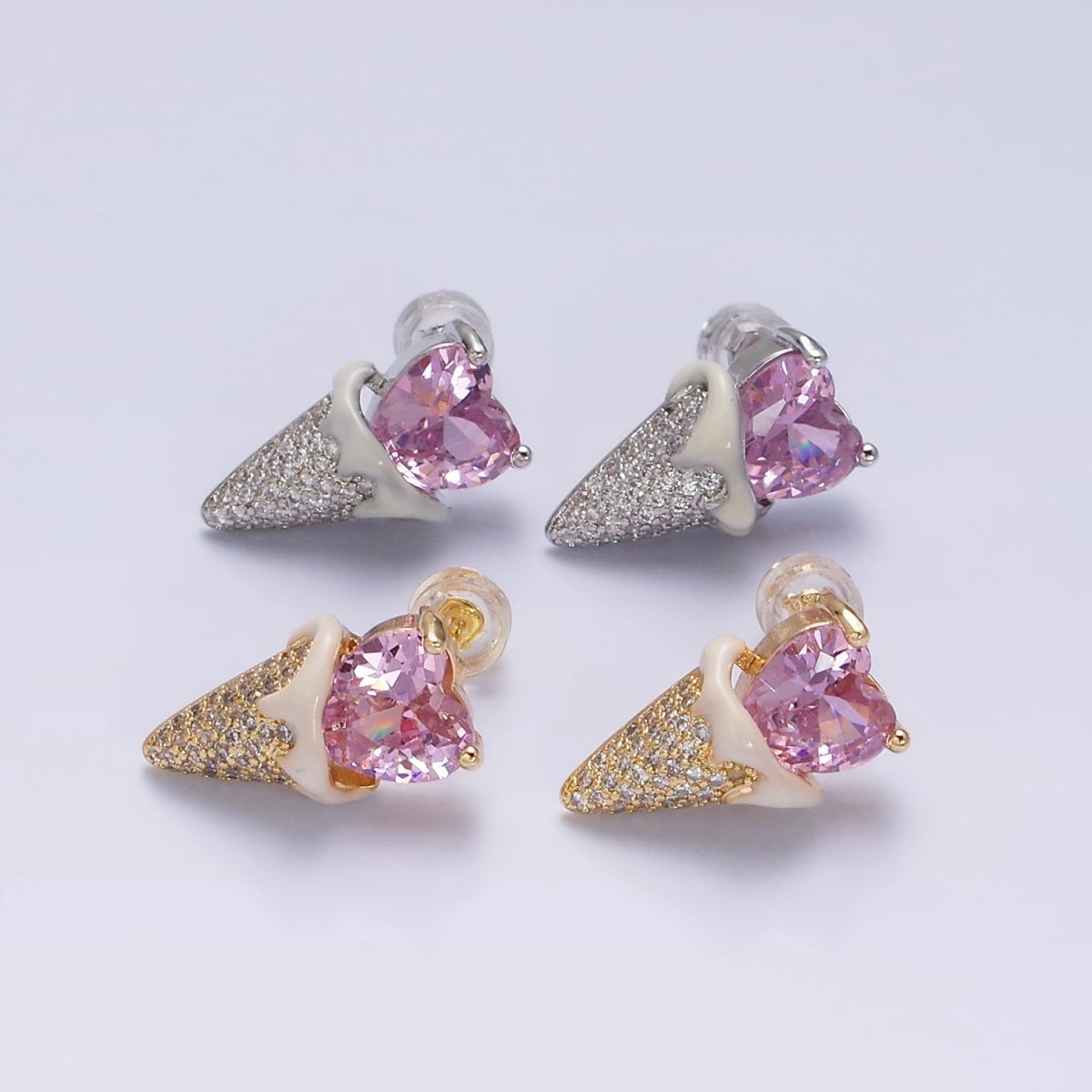 16K Gold Filled Pink CZ Heart Ice Cream Cone Micro Paved Stud Earrings in Gold & Silver | AD948 AD949