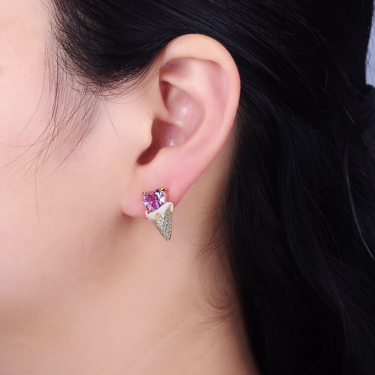 16K Gold Filled Pink CZ Heart Ice Cream Cone Micro Paved Stud Earrings in Gold & Silver | AD948 AD949