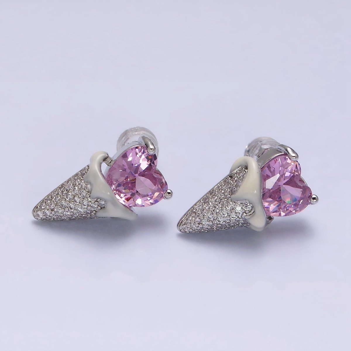 16K Gold Filled Pink CZ Heart Ice Cream Cone Micro Paved Stud Earrings in Gold & Silver | AD948 AD949