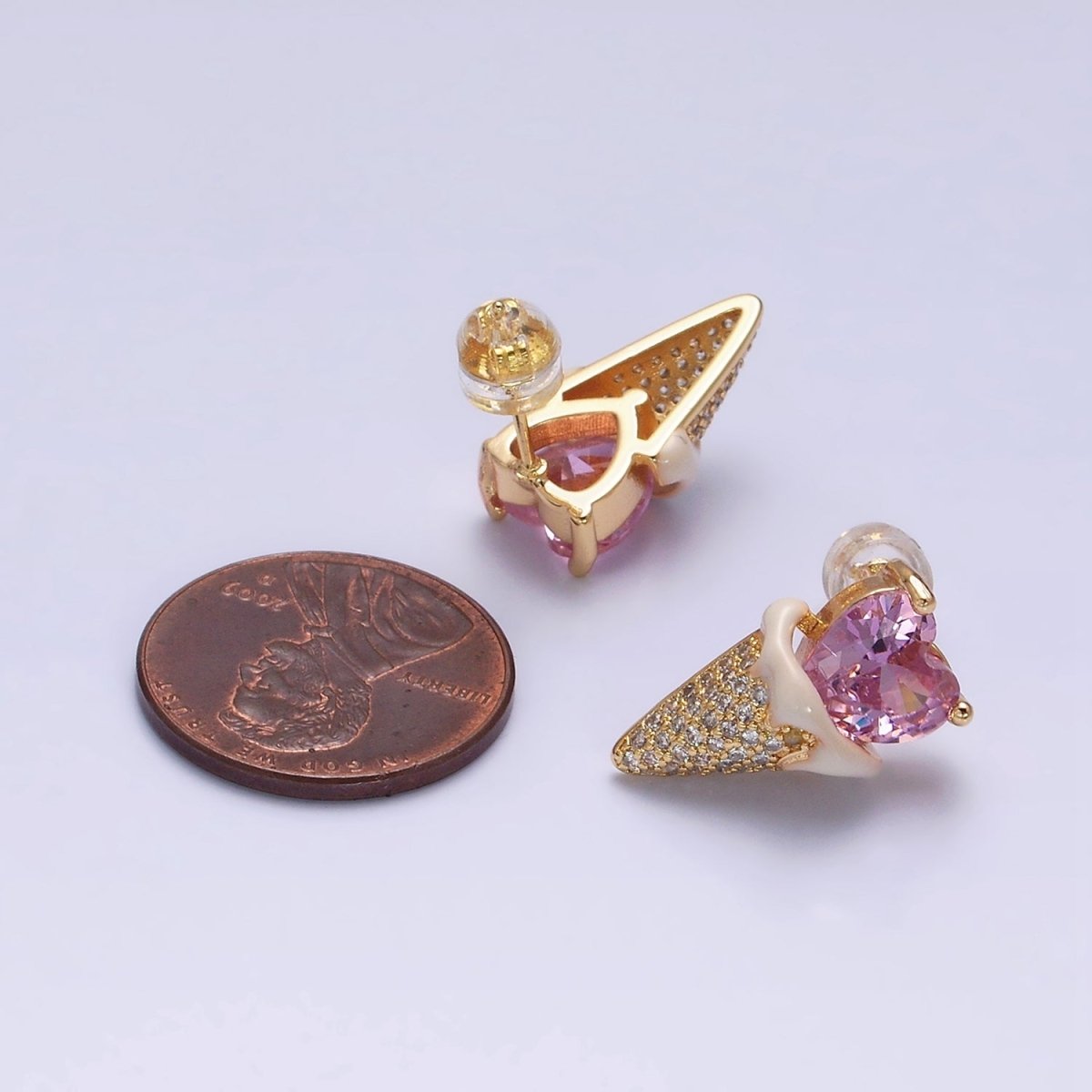 16K Gold Filled Pink CZ Heart Ice Cream Cone Micro Paved Stud Earrings in Gold & Silver | AD948 AD949