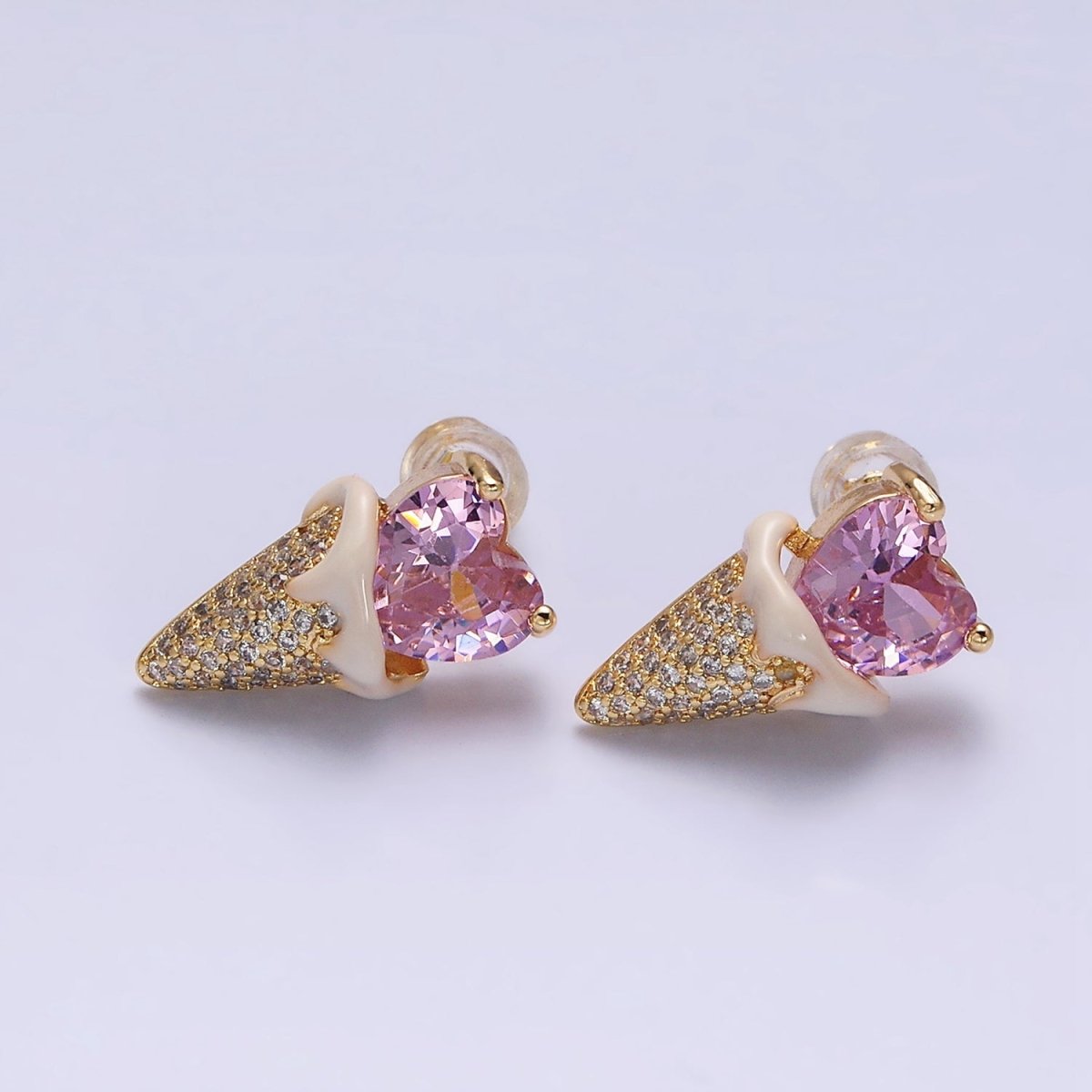16K Gold Filled Pink CZ Heart Ice Cream Cone Micro Paved Stud Earrings in Gold & Silver | AD948 AD949