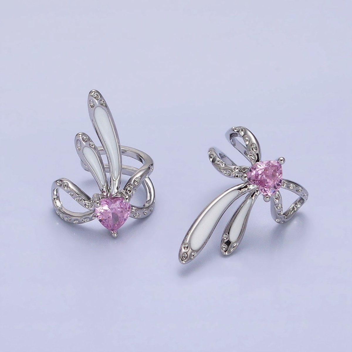 16K Gold Filled Pink CZ Heart White Bunny Ears Hammered Double Band Ear Cuff Earrings in Silver & Gold | AI013 AI014