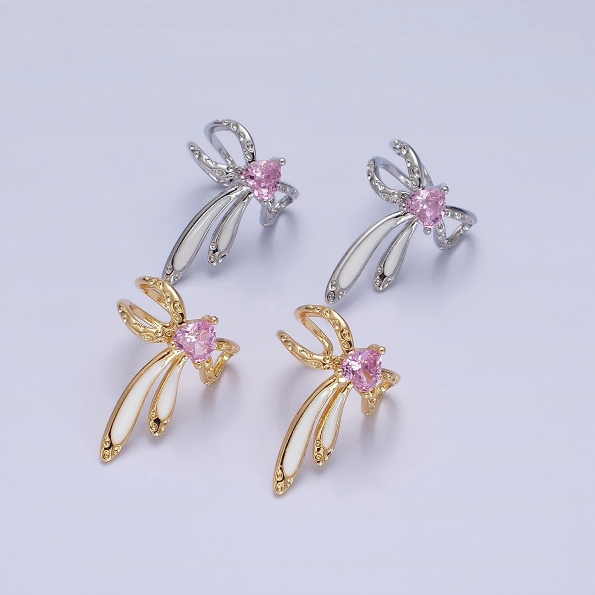 16K Gold Filled Pink CZ Heart White Bunny Ears Hammered Double Band Ear Cuff Earrings in Silver & Gold | AI013 AI014