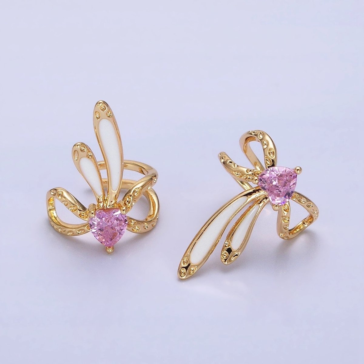 16K Gold Filled Pink CZ Heart White Bunny Ears Hammered Double Band Ear Cuff Earrings in Silver & Gold | AI013 AI014