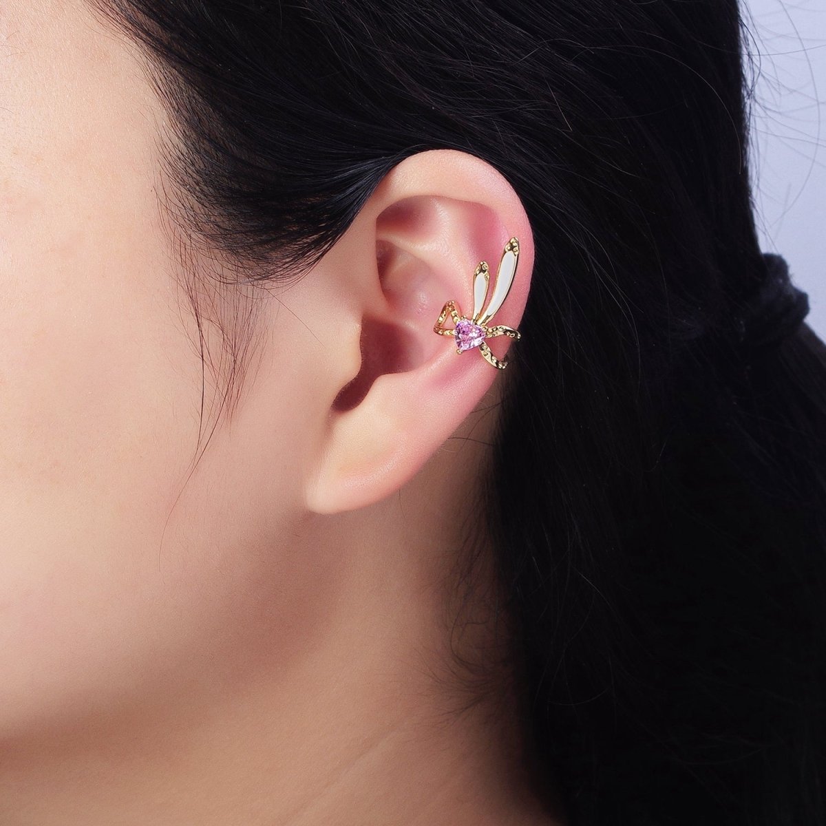 16K Gold Filled Pink CZ Heart White Bunny Ears Hammered Double Band Ear Cuff Earrings in Silver & Gold | AI013 AI014