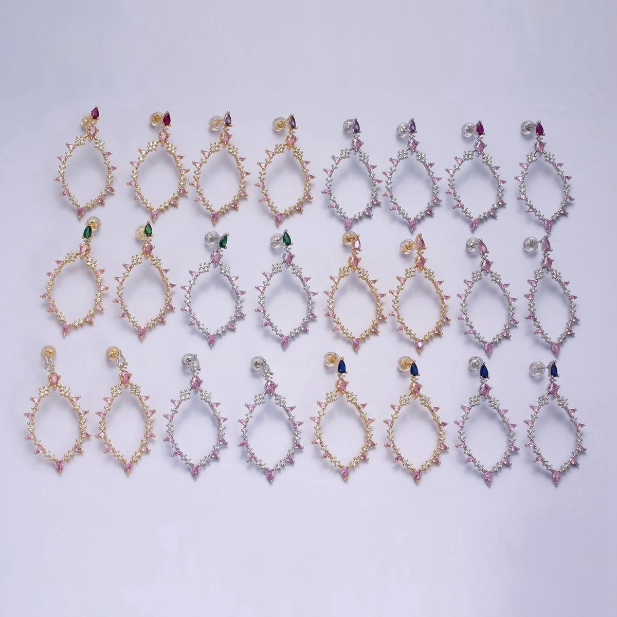 16K Gold Filled Pink CZ Open Rhombus Clear, Green, Fuchsia, Pink, Purple, Blue Teardrop Stud Earrings in Gold & Silver | AE560 - AE571