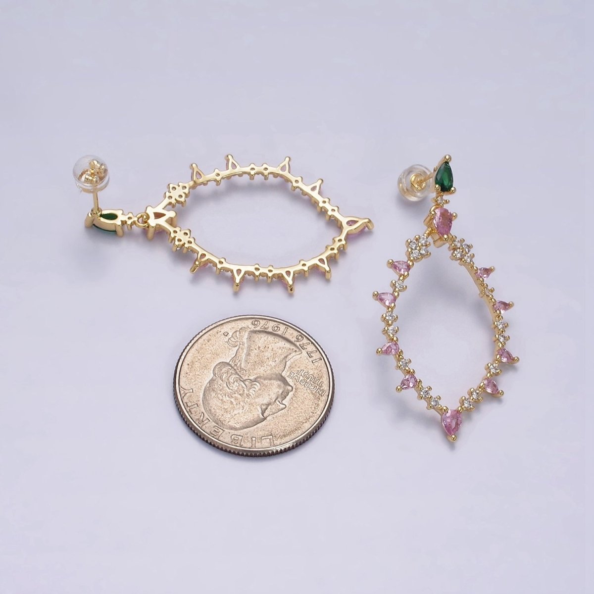 16K Gold Filled Pink CZ Open Rhombus Clear, Green, Fuchsia, Pink, Purple, Blue Teardrop Stud Earrings in Gold & Silver | AE560 - AE571