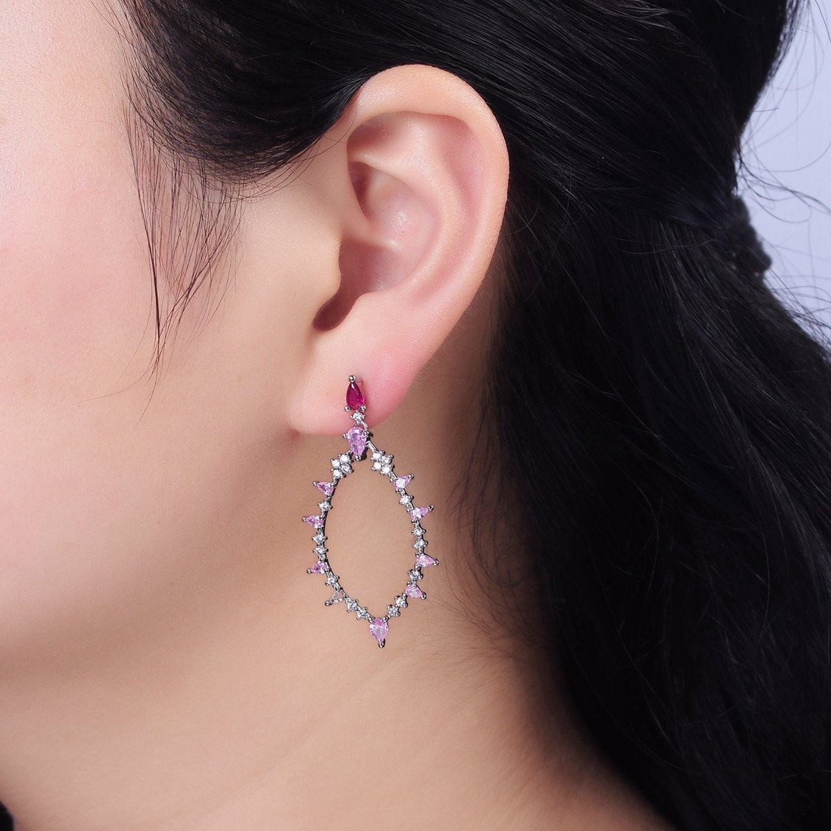 16K Gold Filled Pink CZ Open Rhombus Clear, Green, Fuchsia, Pink, Purple, Blue Teardrop Stud Earrings in Gold & Silver | AE560 - AE571