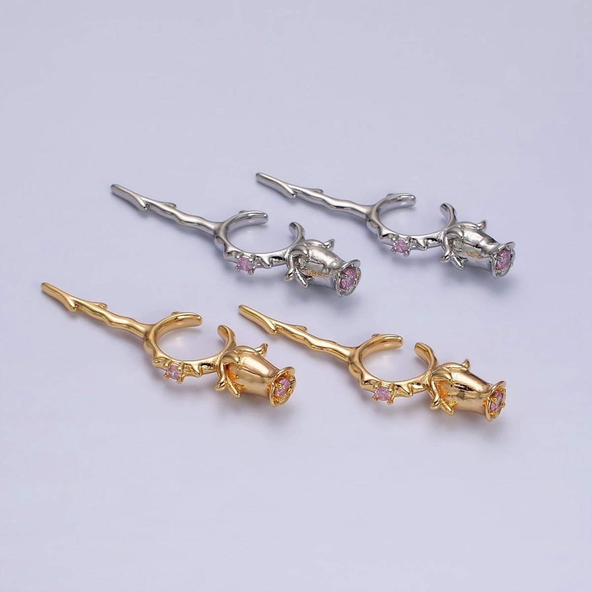 16K Gold Filled Pink CZ Rose Flower Molten Drip Linear Ear Cuff Earrings in Gold & Silver | AI015 AI016