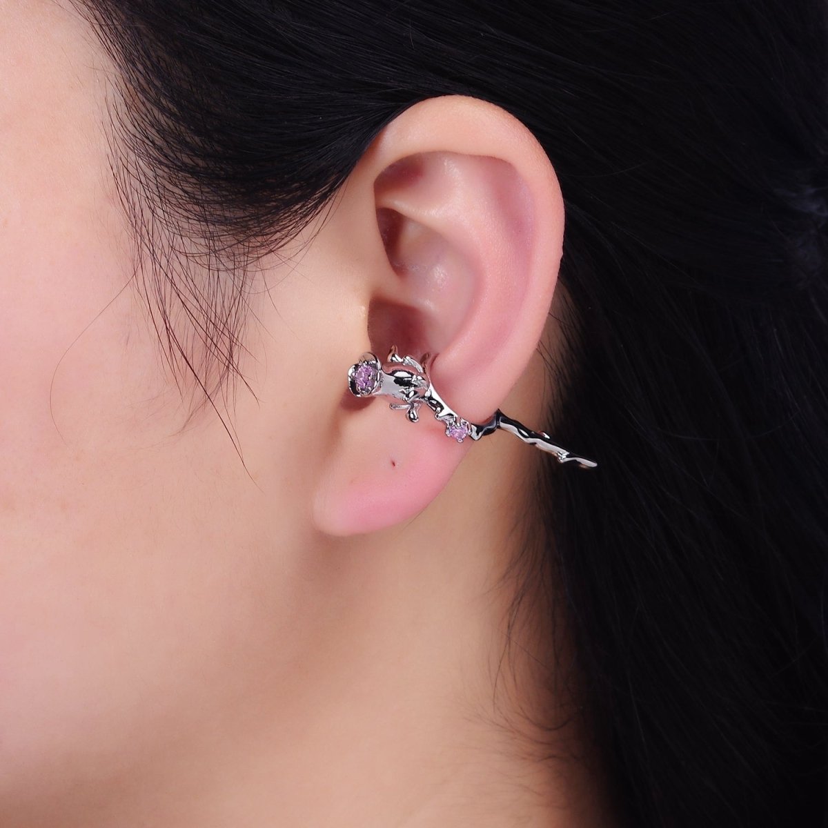 16K Gold Filled Pink CZ Rose Flower Molten Drip Linear Ear Cuff Earrings in Gold & Silver | AI015 AI016
