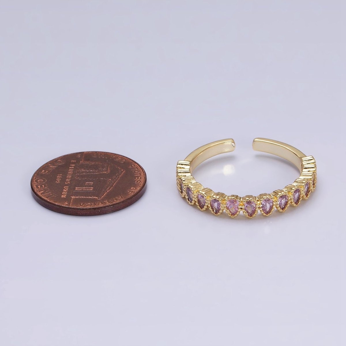 16K Gold Filled Pink CZ Teardrop Lined Open Adjustable Ring in Gold & Silver | O-1603 O-1604