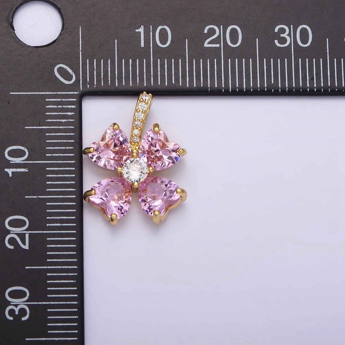 16K Gold Filled Pink Flower CZ Heart Petal Micro Paved Bail Pendant | AA539