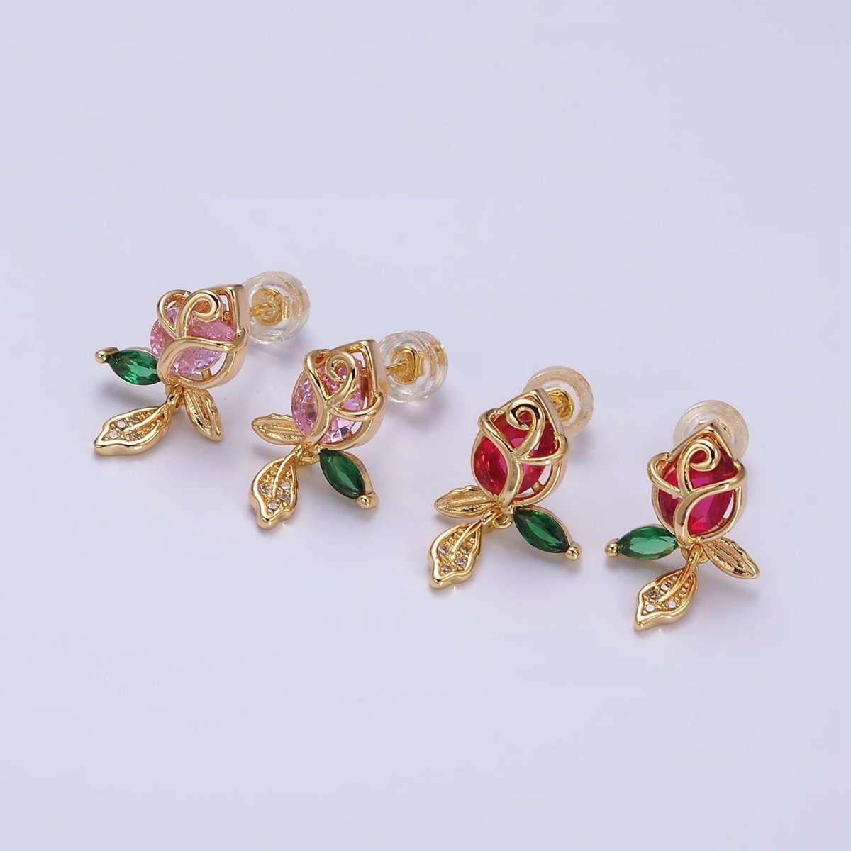 16K Gold Filled Pink, Red Rose Flower CZ Stud Earrings | AE768