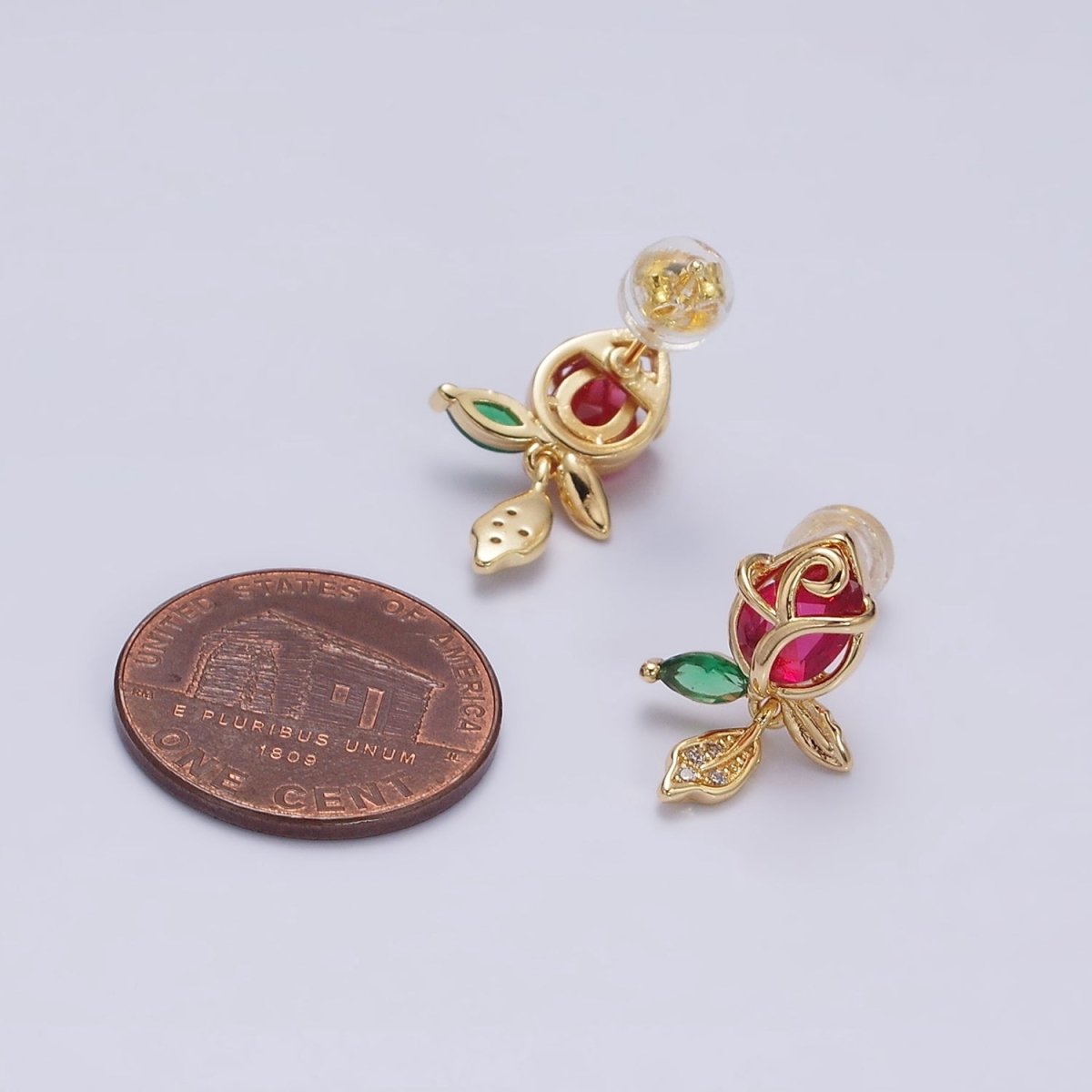 16K Gold Filled Pink, Red Rose Flower CZ Stud Earrings | AE768