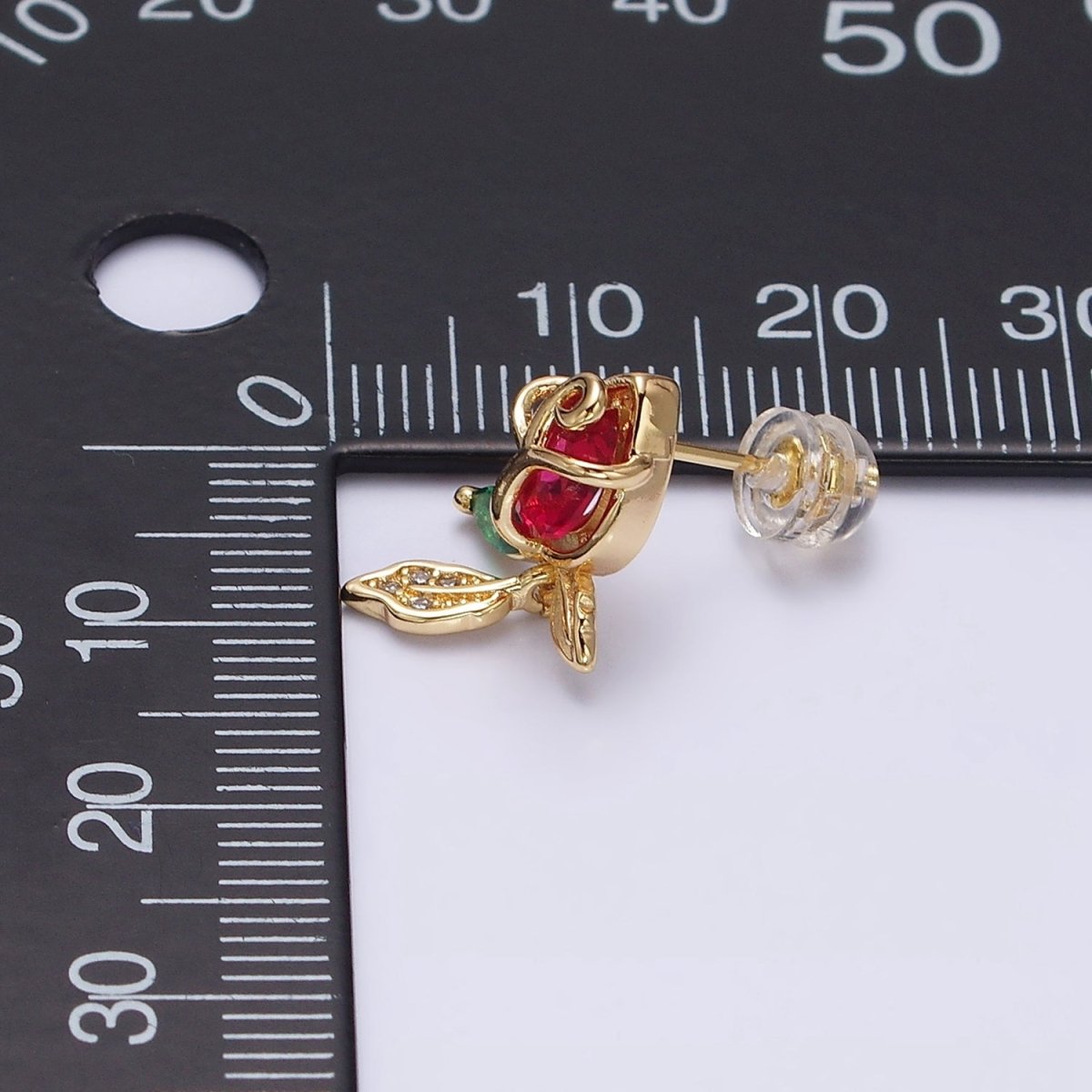 16K Gold Filled Pink, Red Rose Flower CZ Stud Earrings | AE768