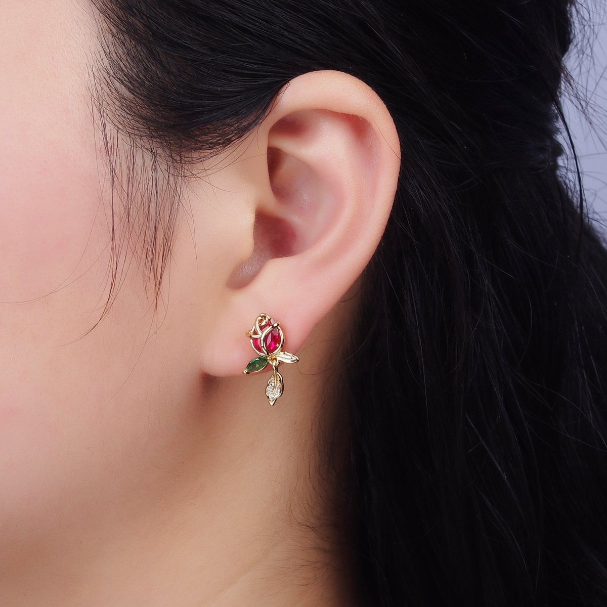 16K Gold Filled Pink, Red Rose Flower CZ Stud Earrings | AE768