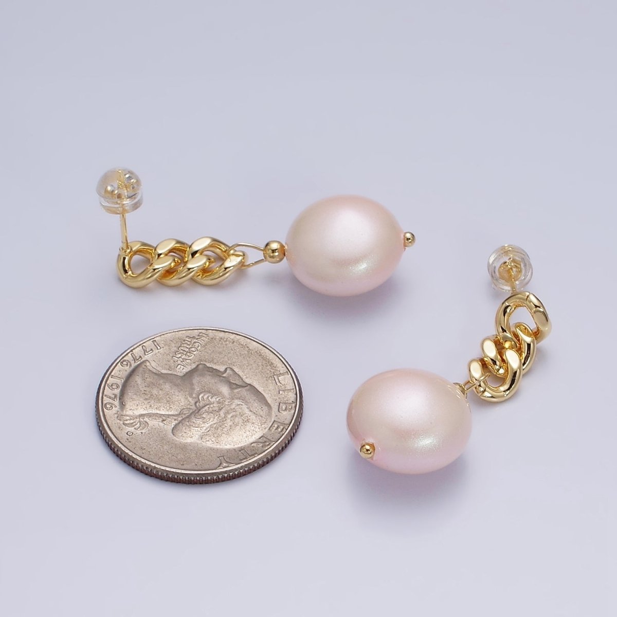16K Gold Filled Pink Round Pearl Curb Chain Link Drop Stud Earrings in Gold & Silver | AD1356 AD1368