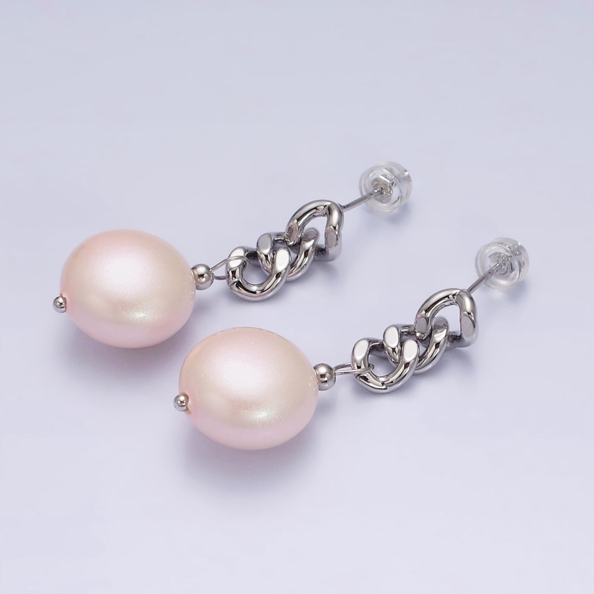 16K Gold Filled Pink Round Pearl Curb Chain Link Drop Stud Earrings in Gold & Silver | AD1356 AD1368