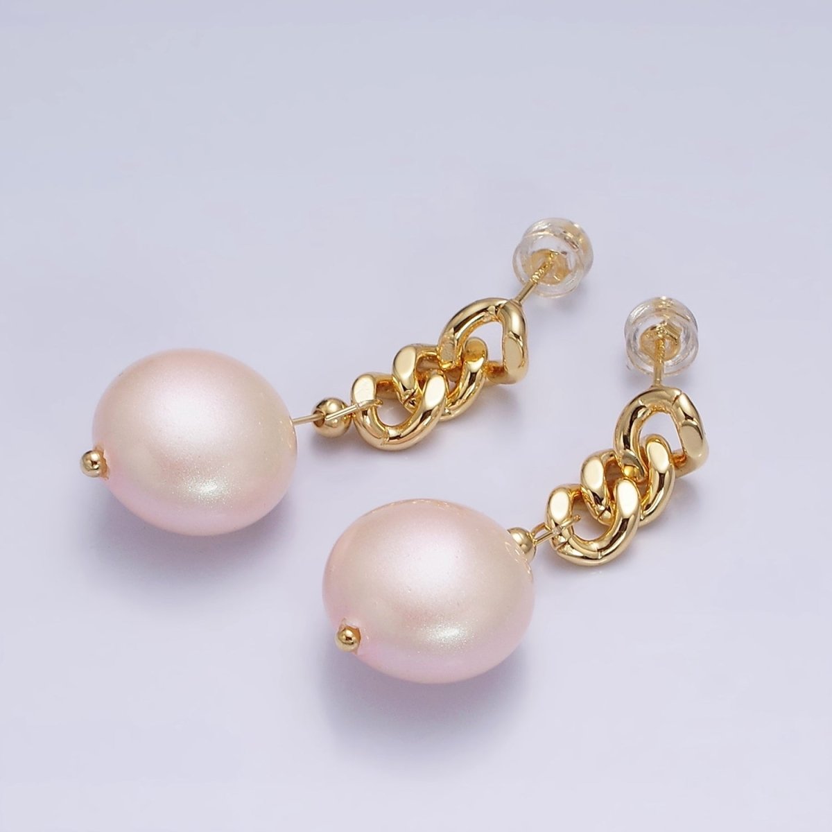 16K Gold Filled Pink Round Pearl Curb Chain Link Drop Stud Earrings in Gold & Silver | AD1356 AD1368