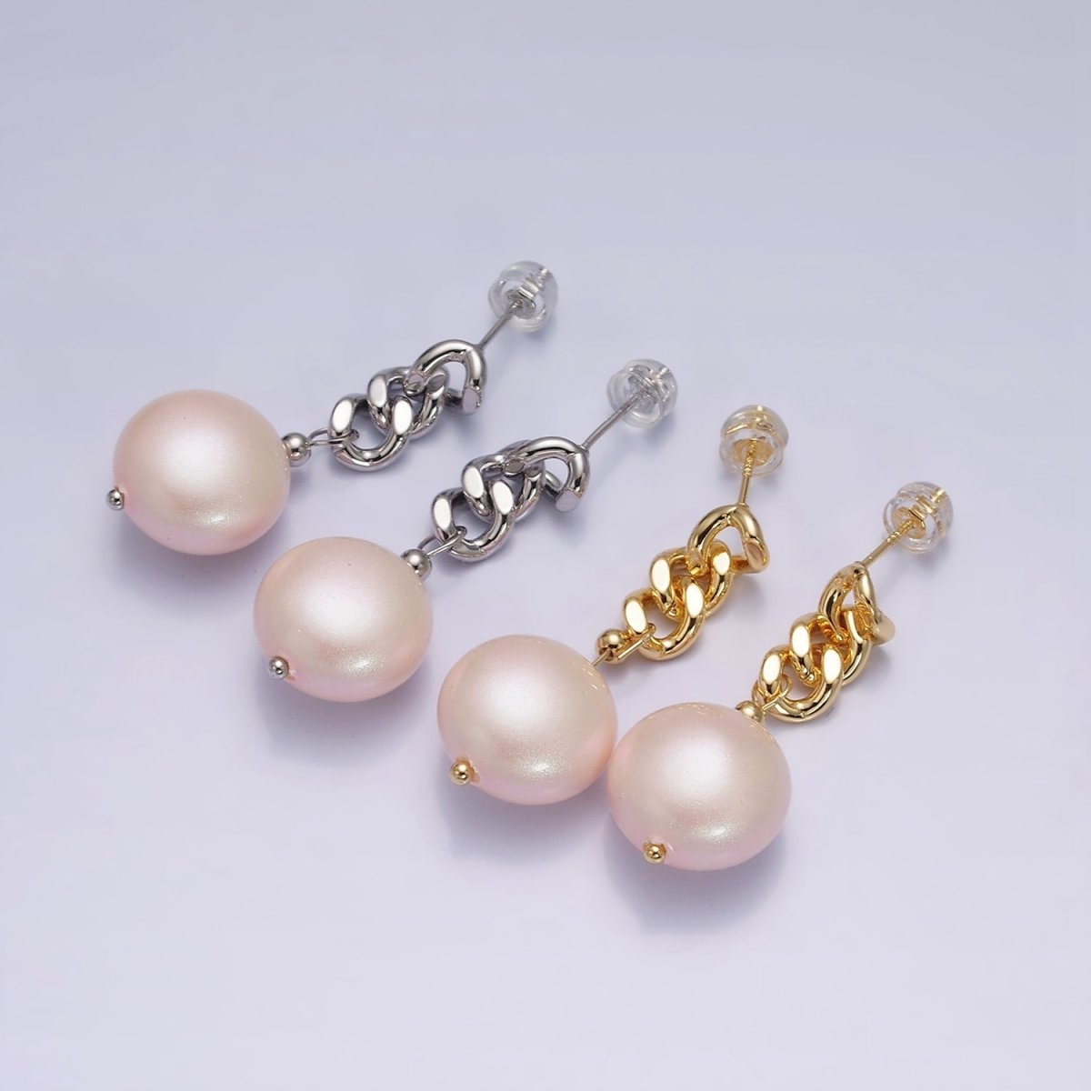 16K Gold Filled Pink Round Pearl Curb Chain Link Drop Stud Earrings in Gold & Silver | AD1356 AD1368