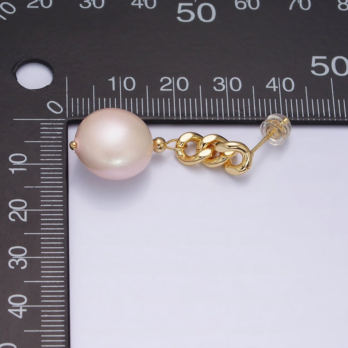 16K Gold Filled Pink Round Pearl Curb Chain Link Drop Stud Earrings in Gold & Silver | AD1356 AD1368