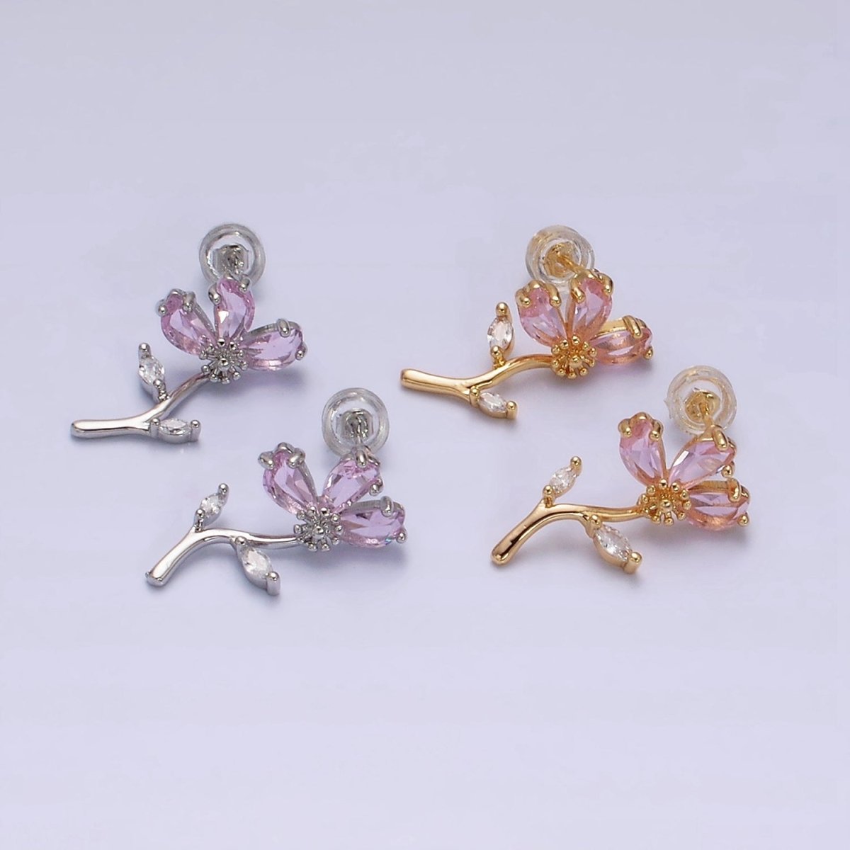 16K Gold Filled Pink Teardrop Flower Marquise Leaf Stud Earrings in Gold & Silver | AE840 AE841