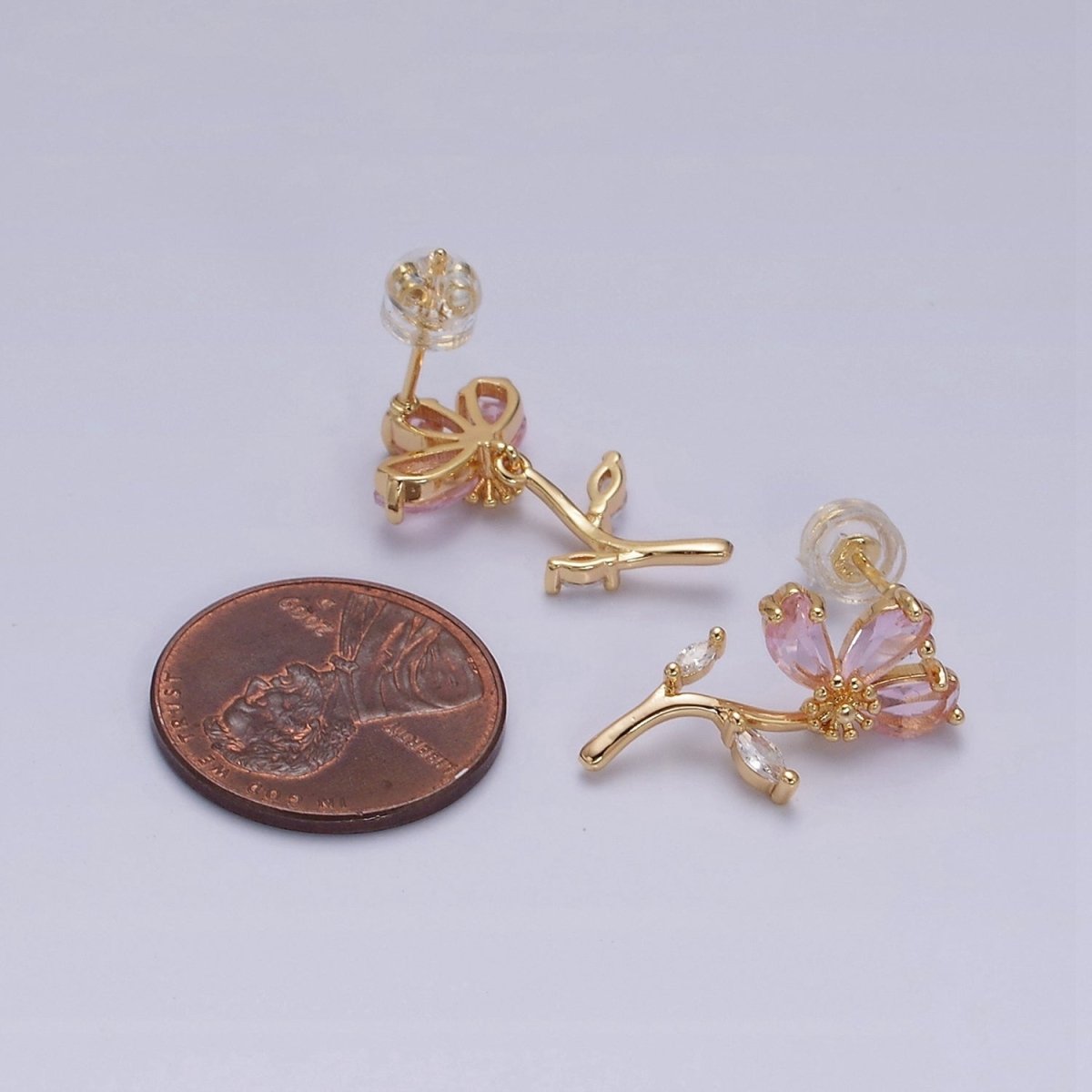 16K Gold Filled Pink Teardrop Flower Marquise Leaf Stud Earrings in Gold & Silver | AE840 AE841