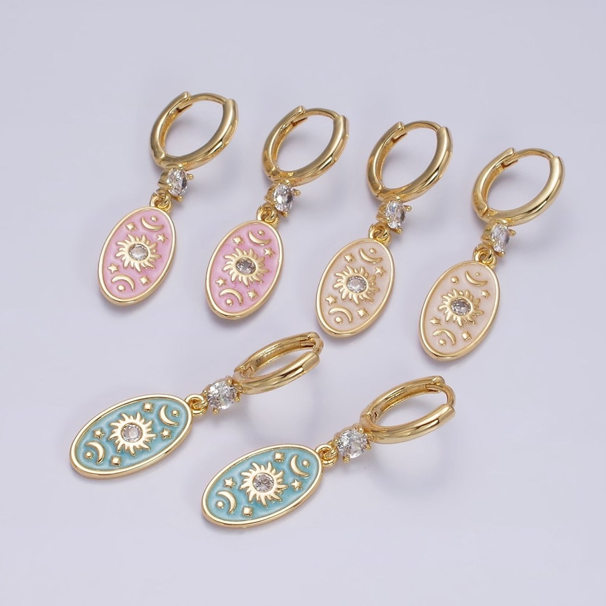 16K Gold Filled Pink, White, Blue Sparkly Enamel Celestial Sun Star Crescent Moon Oval CZ Drop Huggie Earrings | AD-399 AD-400 AD-401