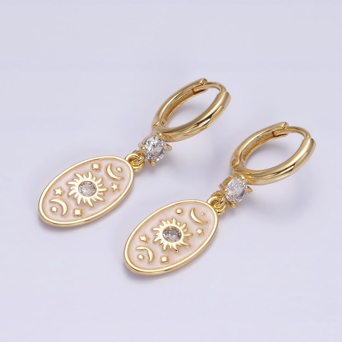 16K Gold Filled Pink, White, Blue Sparkly Enamel Celestial Sun Star Crescent Moon Oval CZ Drop Huggie Earrings | AD-399 AD-400 AD-401