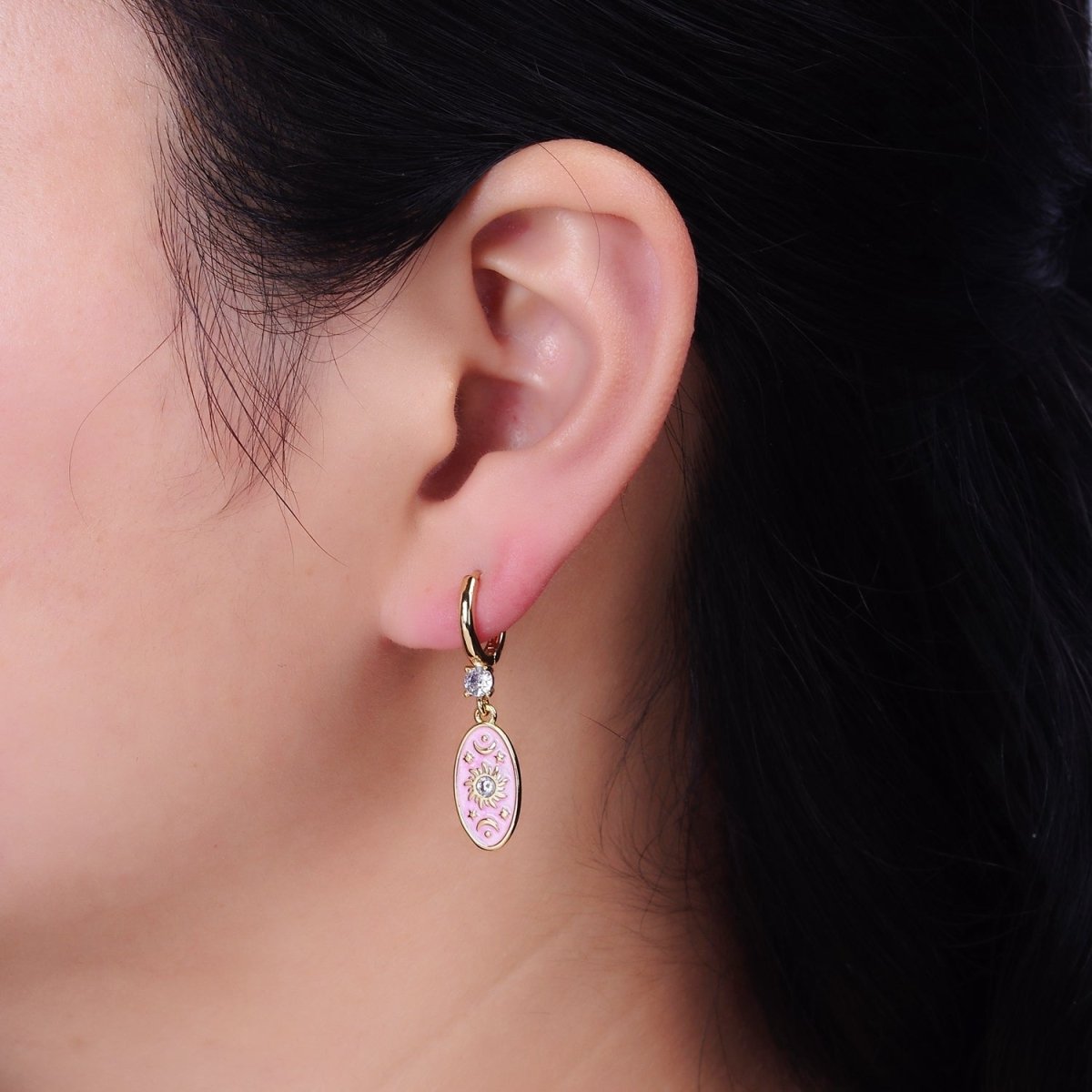16K Gold Filled Pink, White, Blue Sparkly Enamel Celestial Sun Star Crescent Moon Oval CZ Drop Huggie Earrings | AD-399 AD-400 AD-401