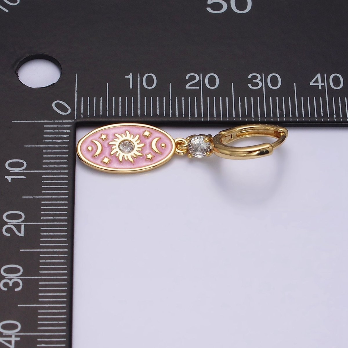 16K Gold Filled Pink, White, Blue Sparkly Enamel Celestial Sun Star Crescent Moon Oval CZ Drop Huggie Earrings | AD-399 AD-400 AD-401