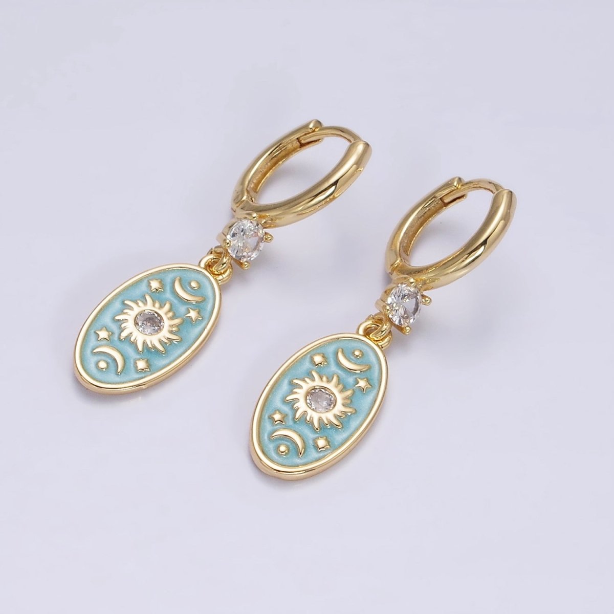 16K Gold Filled Pink, White, Blue Sparkly Enamel Celestial Sun Star Crescent Moon Oval CZ Drop Huggie Earrings | AD-399 AD-400 AD-401