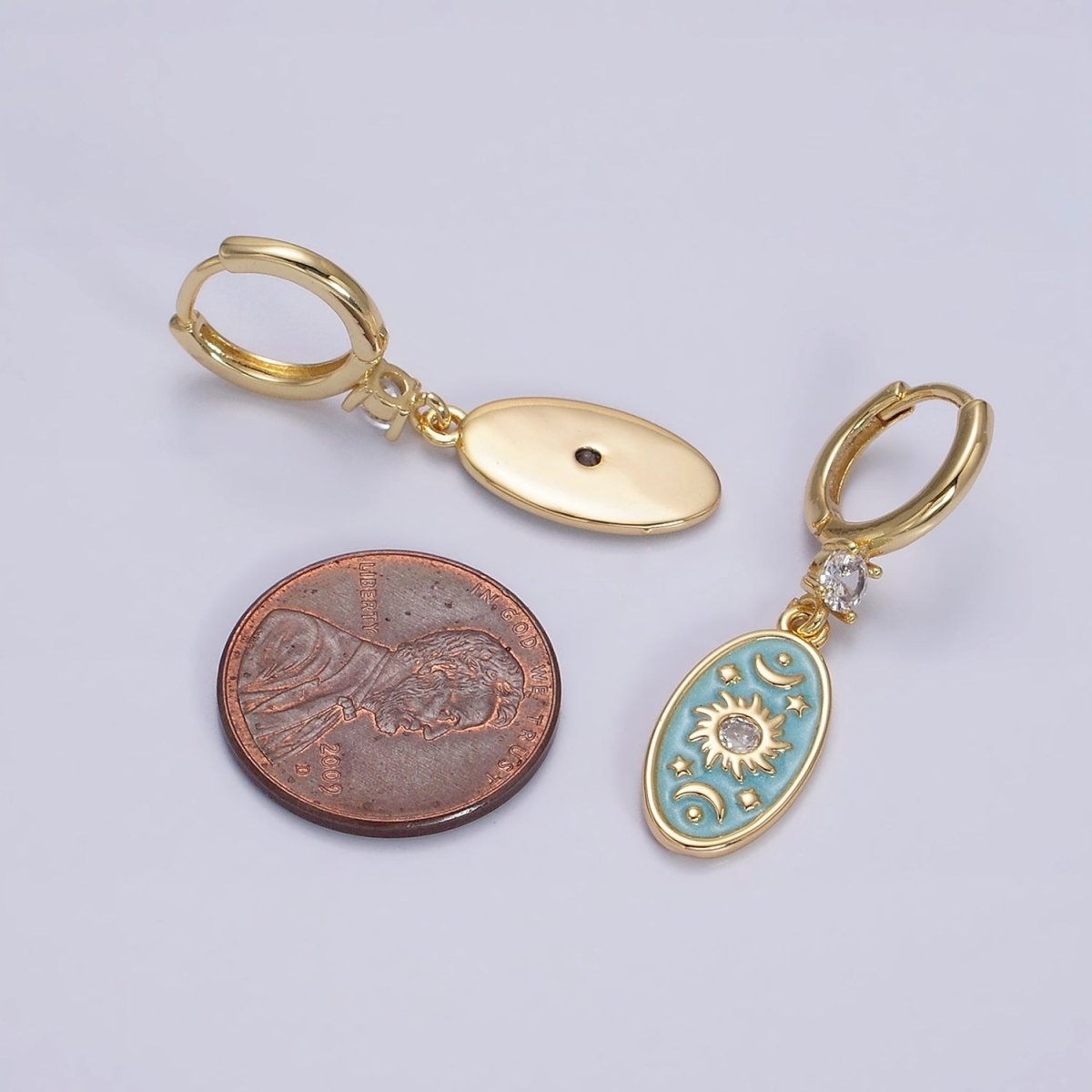 16K Gold Filled Pink, White, Blue Sparkly Enamel Celestial Sun Star Crescent Moon Oval CZ Drop Huggie Earrings | AD-399 AD-400 AD-401