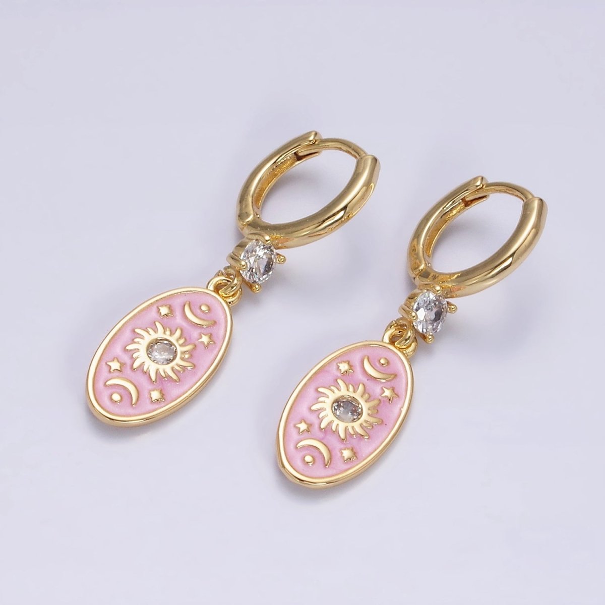16K Gold Filled Pink, White, Blue Sparkly Enamel Celestial Sun Star Crescent Moon Oval CZ Drop Huggie Earrings | AD-399 AD-400 AD-401