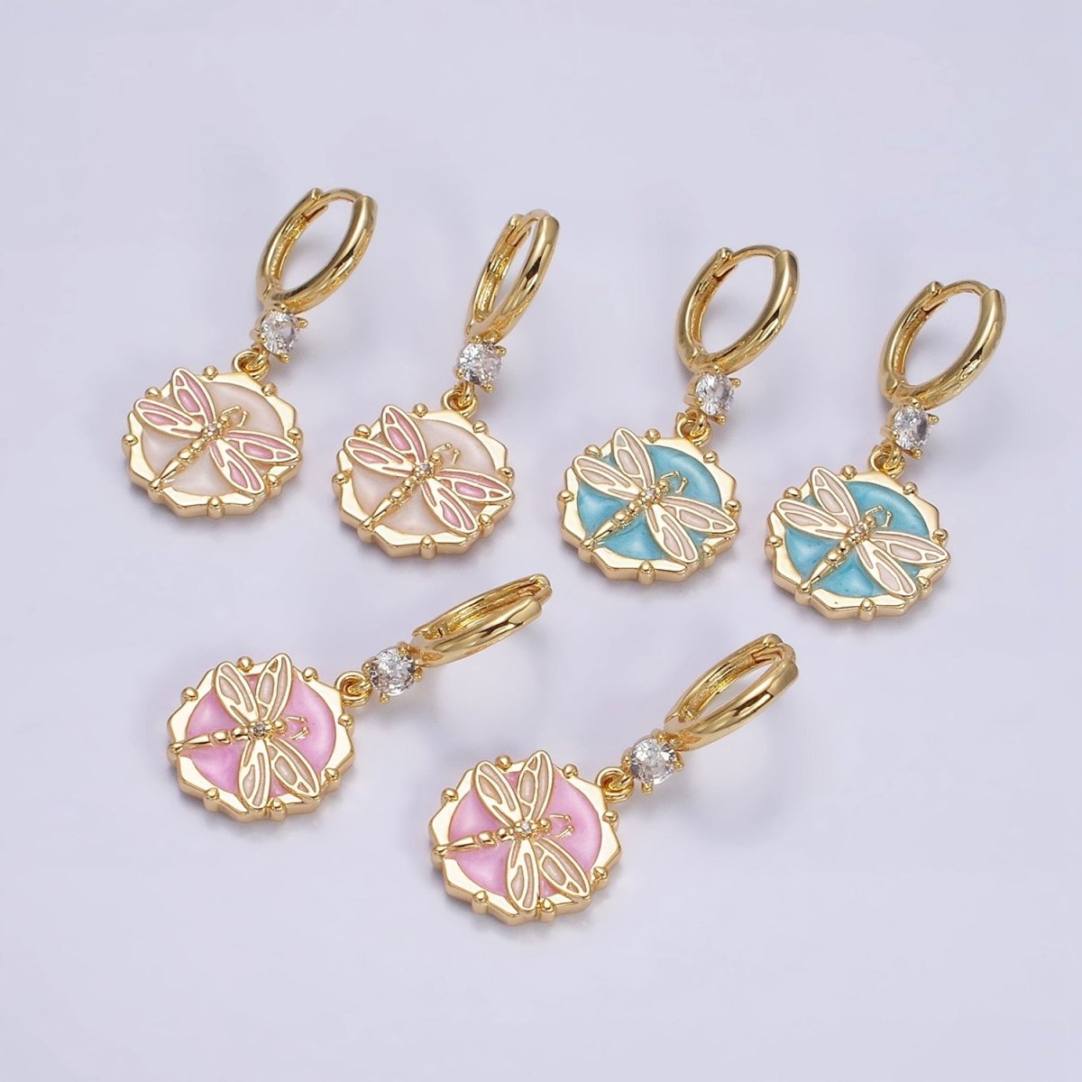 16K Gold Filled Pink, White, Blue Sparkly Enamel Dragonfly Hexagonal CZ Drop Huggie Earrings | AD-402 AD-403 AD-404