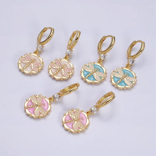 16K Gold Filled Pink, White, Blue Sparkly Enamel Dragonfly Hexagonal CZ Drop Huggie Earrings | AD-402 AD-403 AD-404