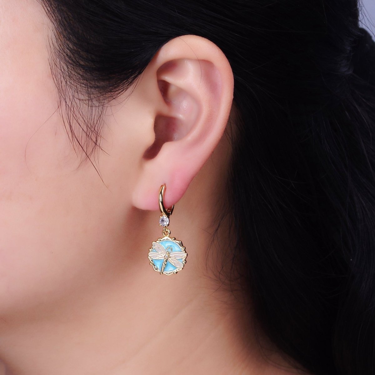 16K Gold Filled Pink, White, Blue Sparkly Enamel Dragonfly Hexagonal CZ Drop Huggie Earrings | AD-402 AD-403 AD-404