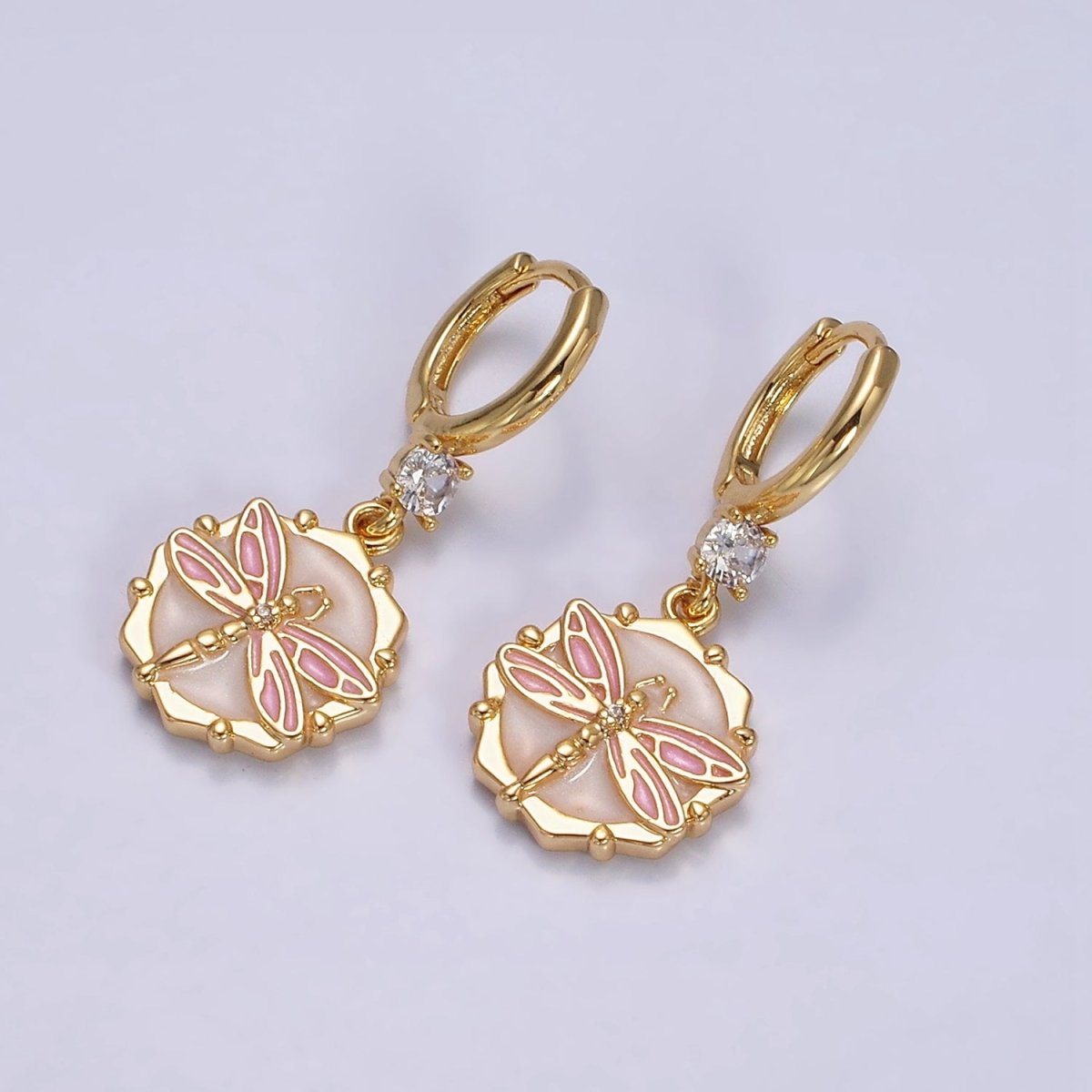 16K Gold Filled Pink, White, Blue Sparkly Enamel Dragonfly Hexagonal CZ Drop Huggie Earrings | AD-402 AD-403 AD-404