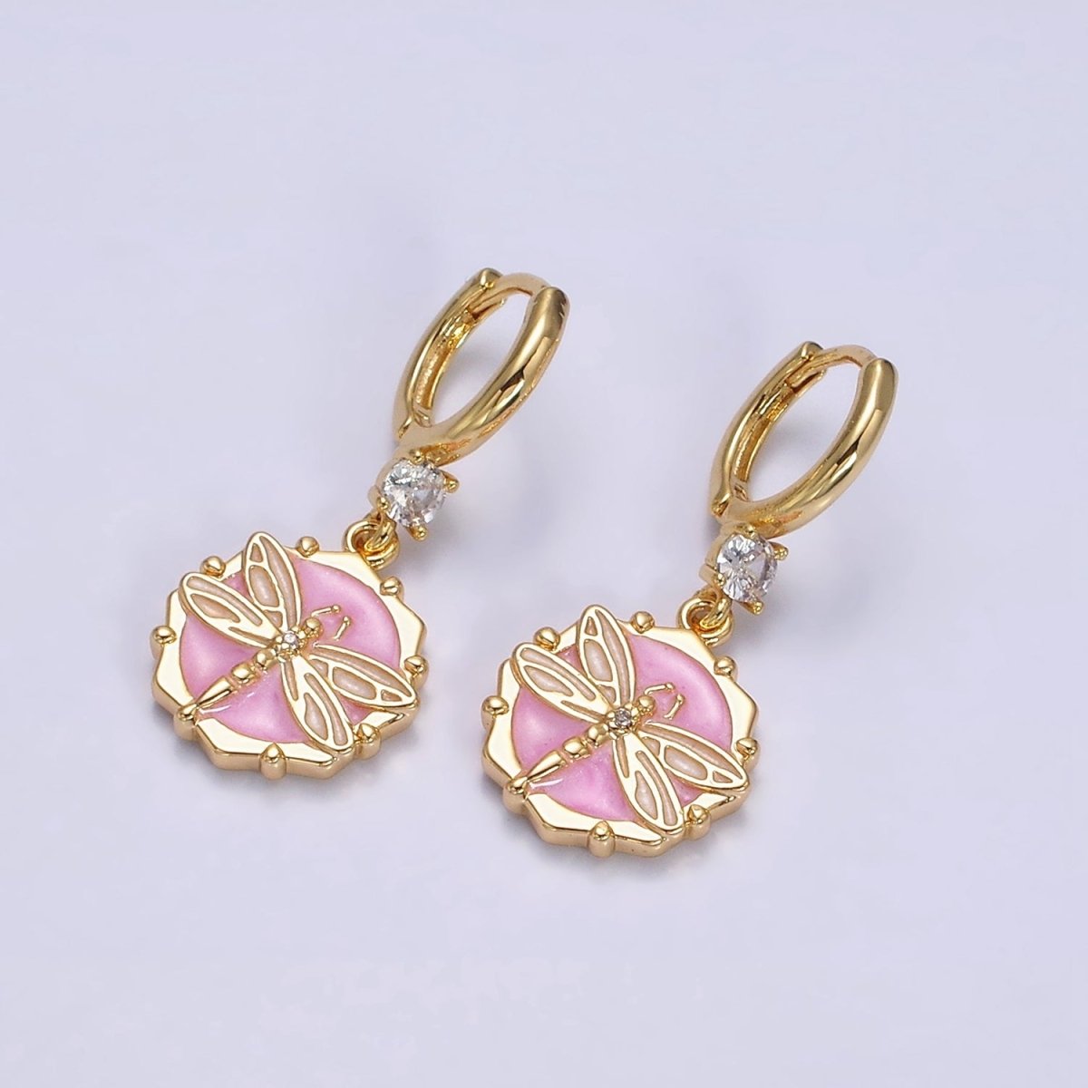 16K Gold Filled Pink, White, Blue Sparkly Enamel Dragonfly Hexagonal CZ Drop Huggie Earrings | AD-402 AD-403 AD-404